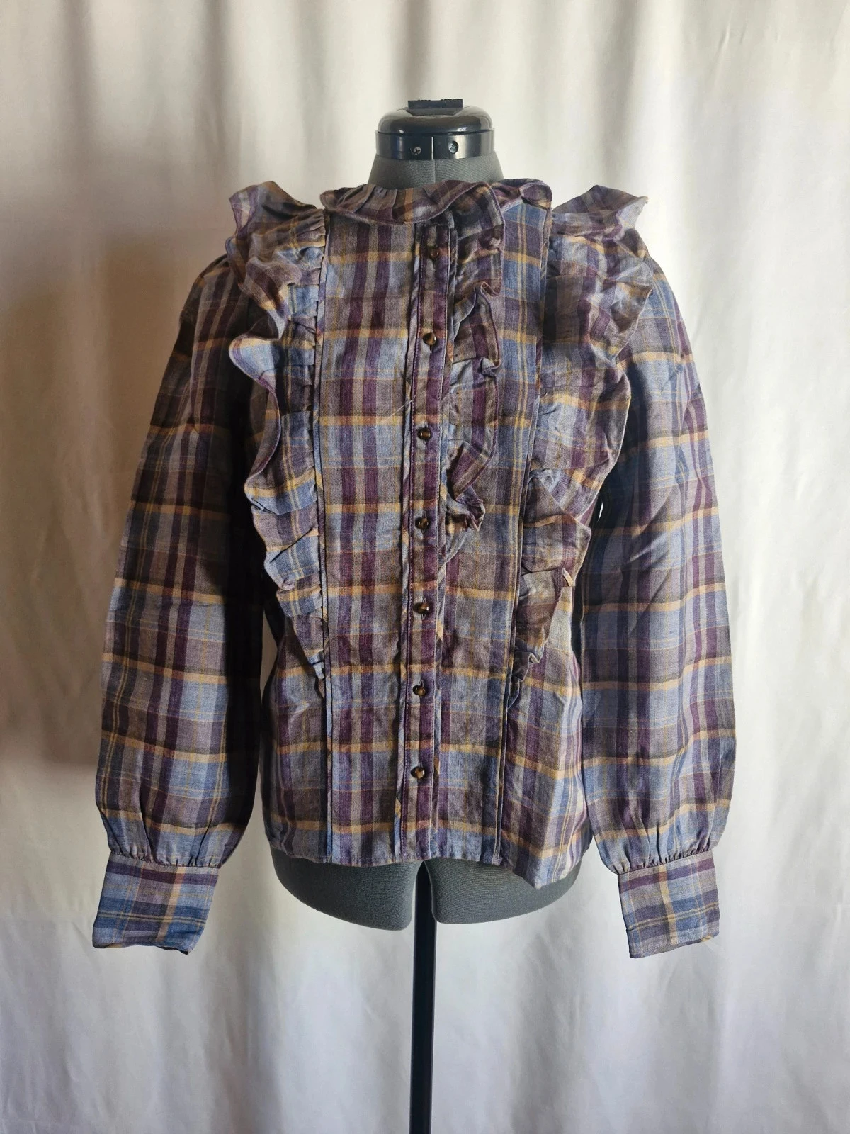 Blouse Chemisier Sézane 34 100 % lin à carreaux violet bleu volants